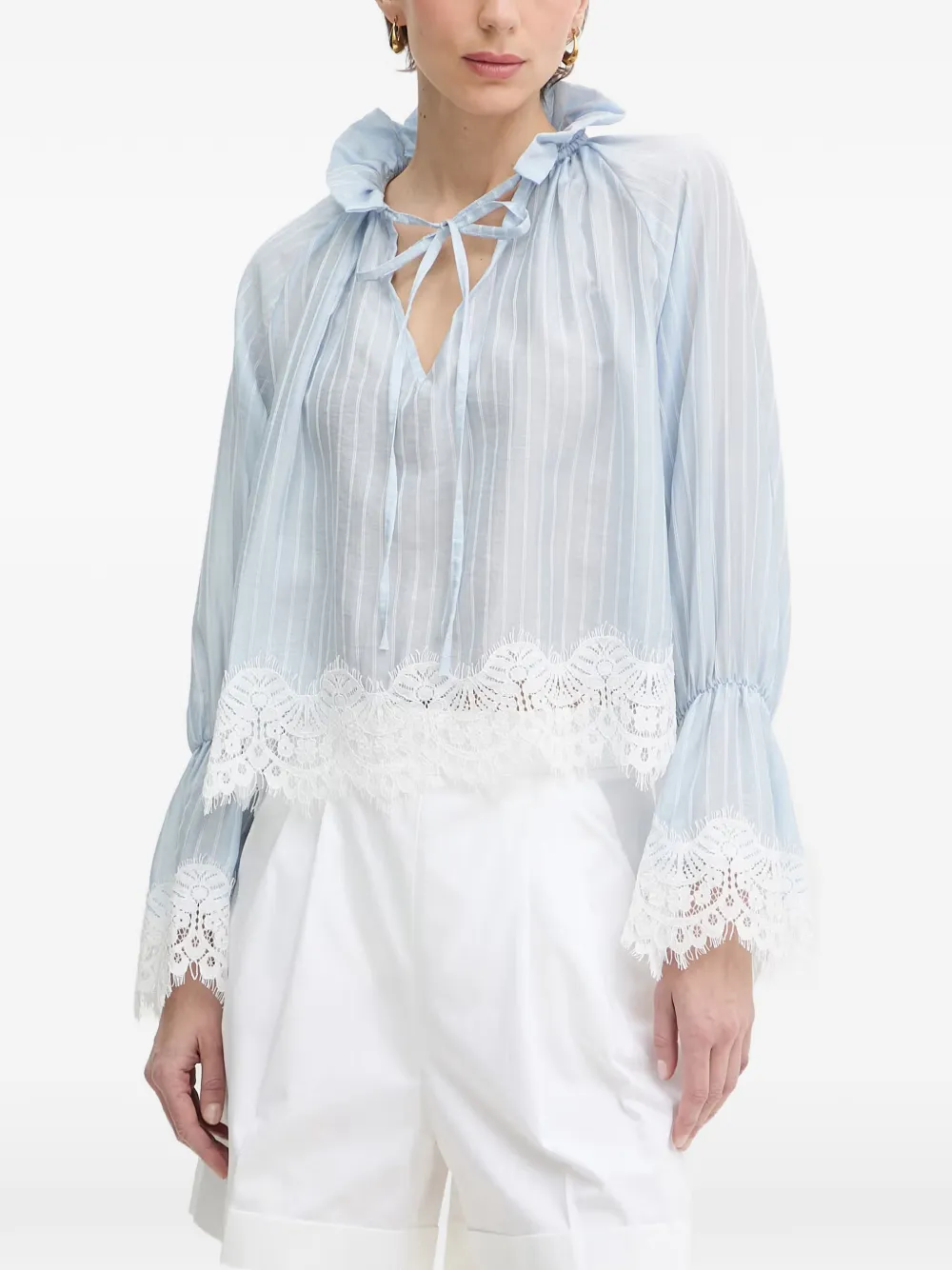 Haveone stripe-pattern lace-trim blouse