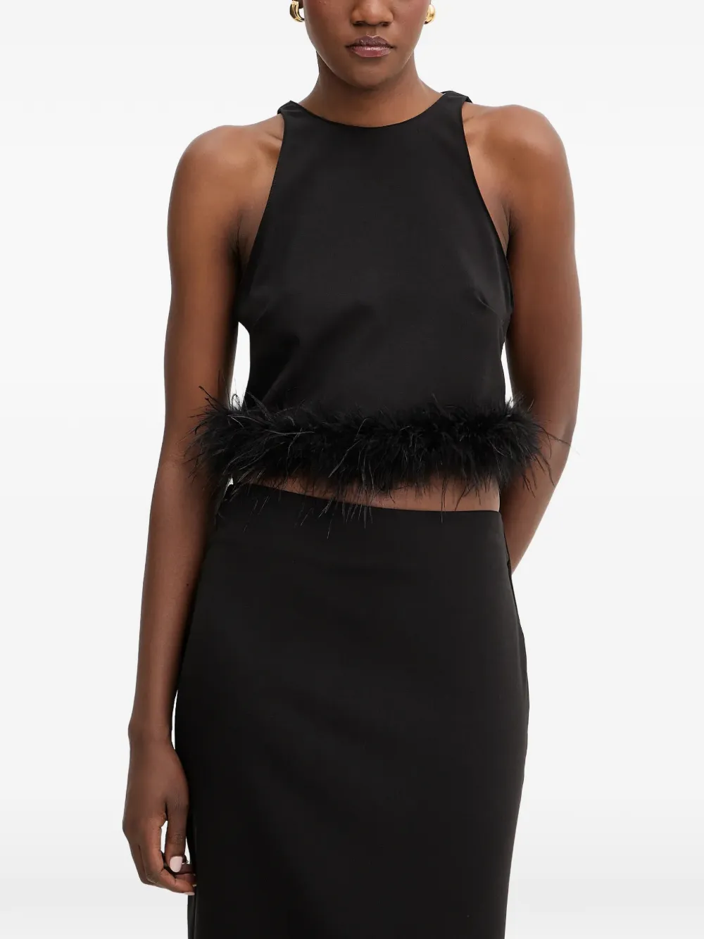 Haveone Feather-trim Cropped Top In Black