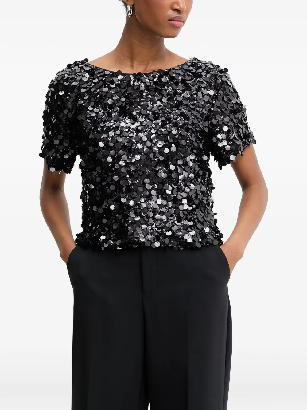Haveone Sequin-embellished Short-sleeve Top In Black