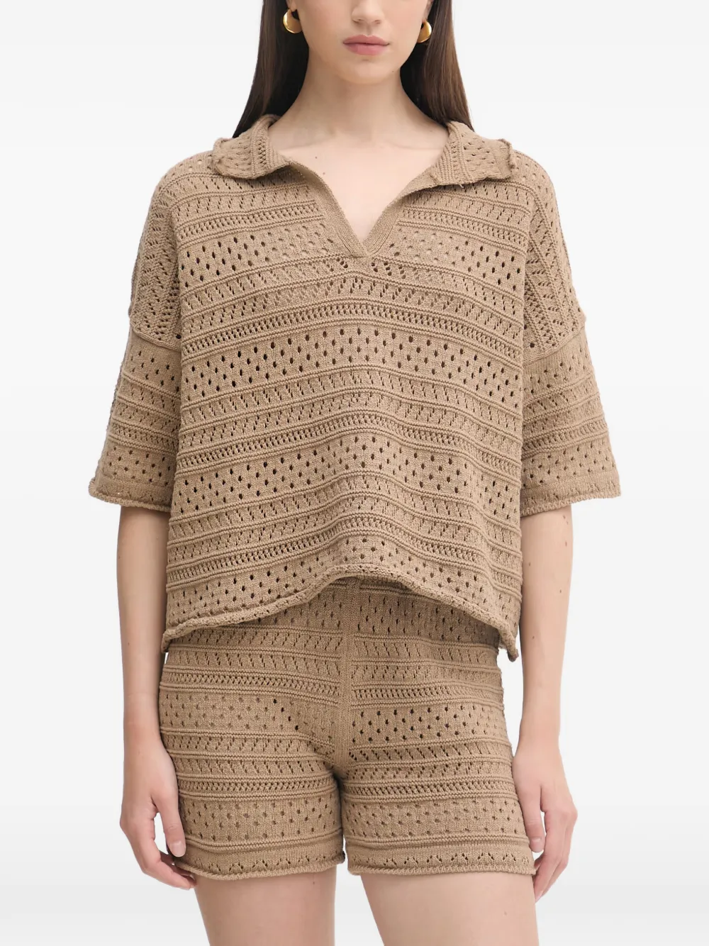 Haveone crochet-knit short-sleeve shorts & top set - Nude