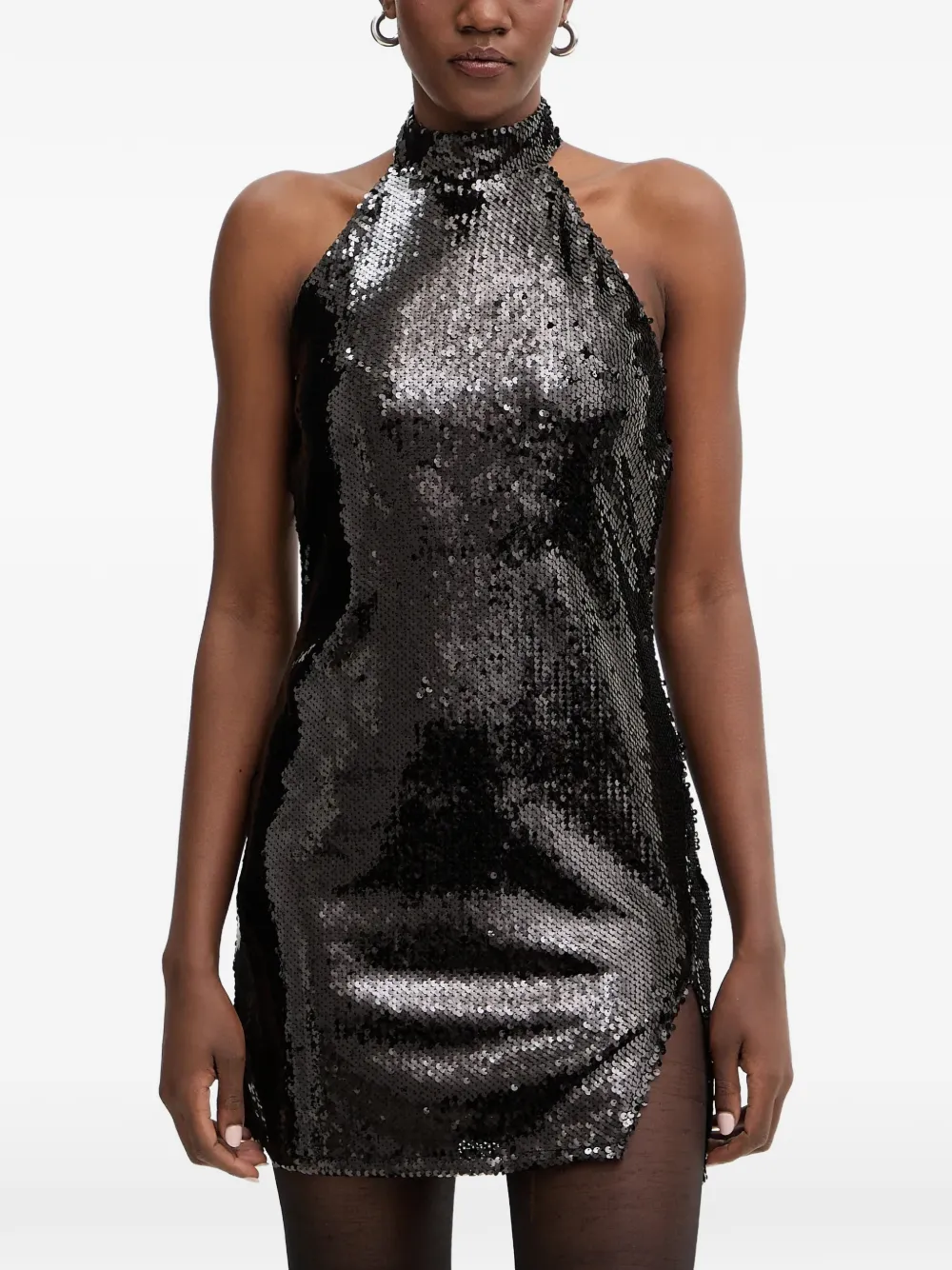 Haveone Sequin-embellished Halterneck Mini Dress In Black