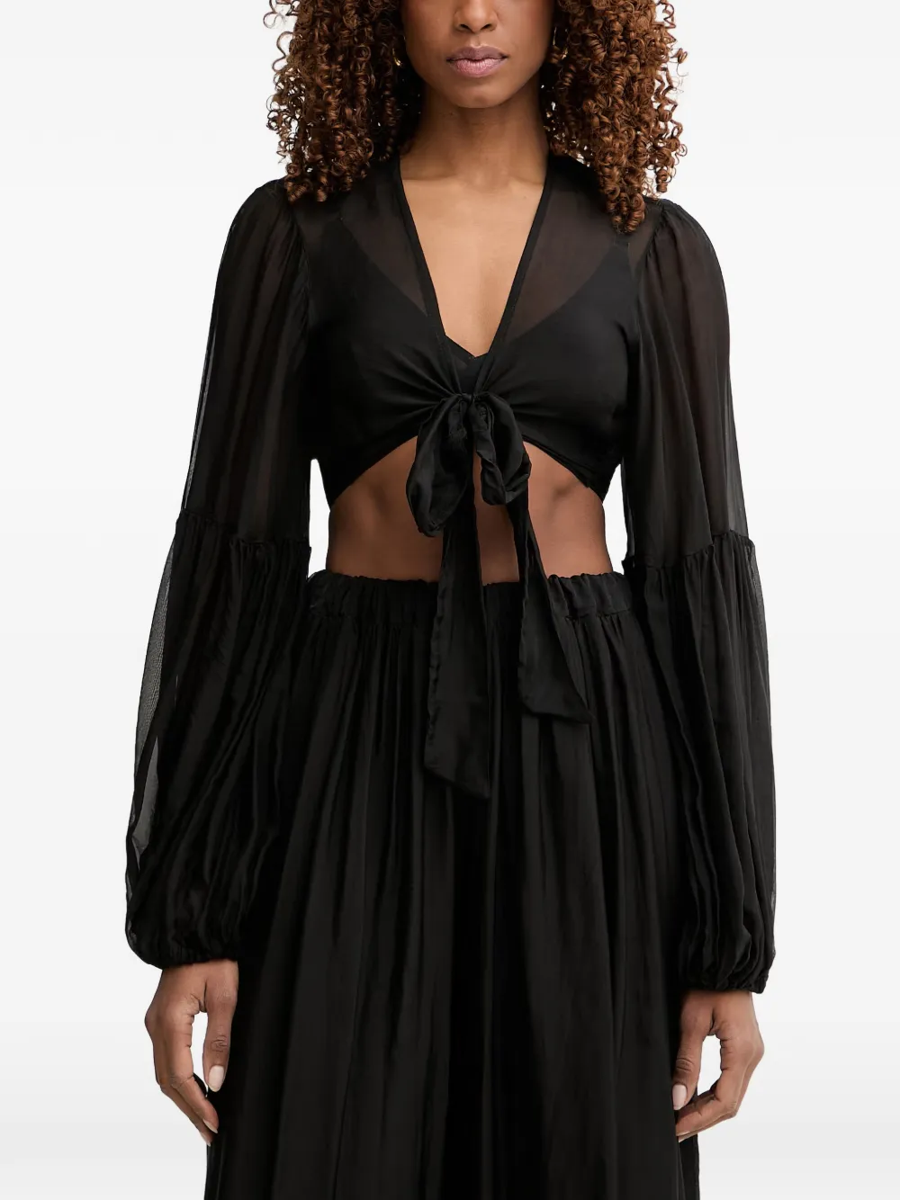 Haveone tie-front balloon-sleeve blouse - Nero
