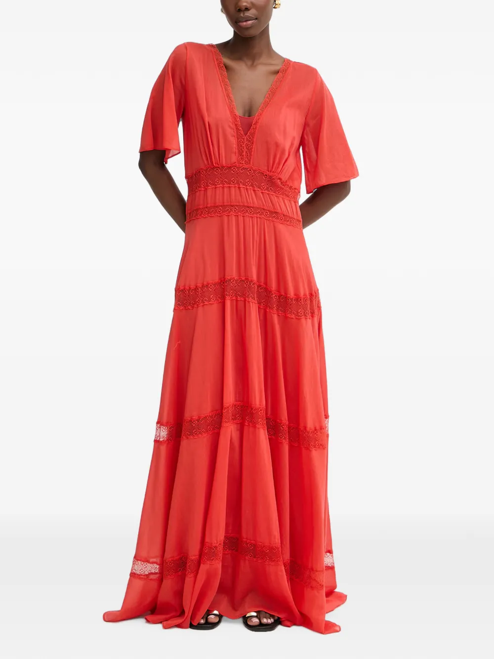 Forte Forte lace-trim tiered dress - Rosso