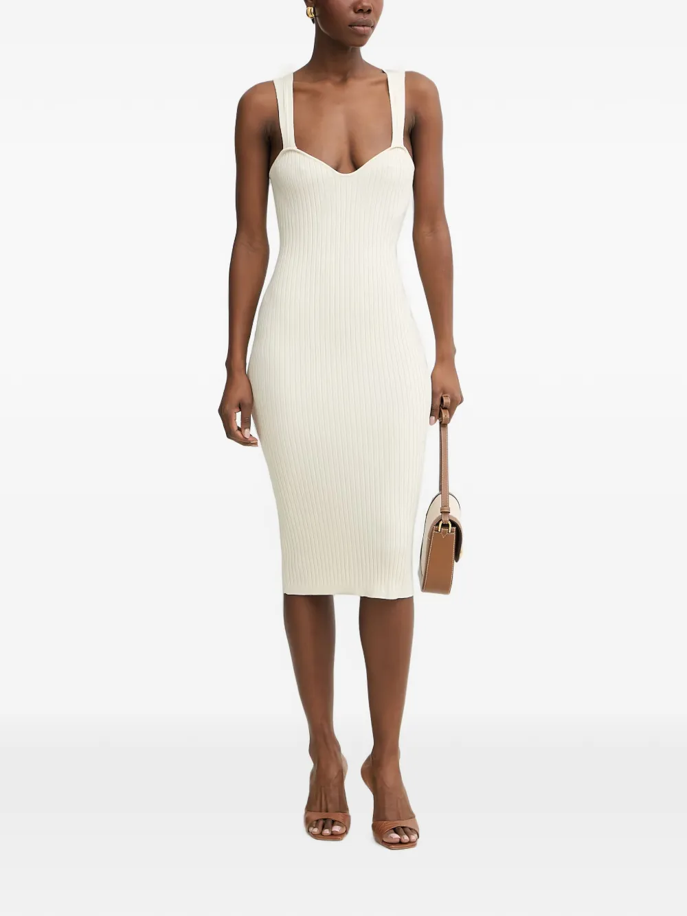 FRACOMINA Ribgebreide midi-jurk met sweetheart-hals Beige