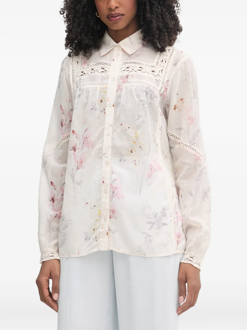 FRACOMINA floral-print crochet-trim shirt - Bianco