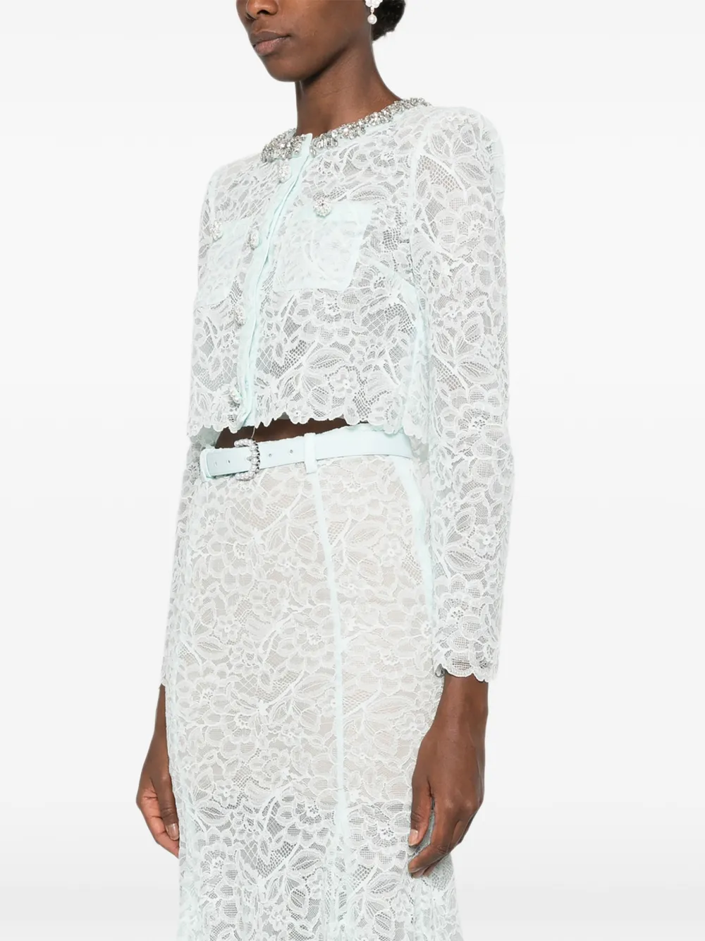 Self-Portrait Lace Crystal Embellished Jacket in Green, view 3