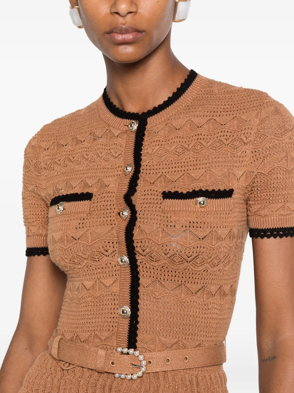 Self-Portrait Gehaakte midi-blousejurk met ceintuur Bruin
