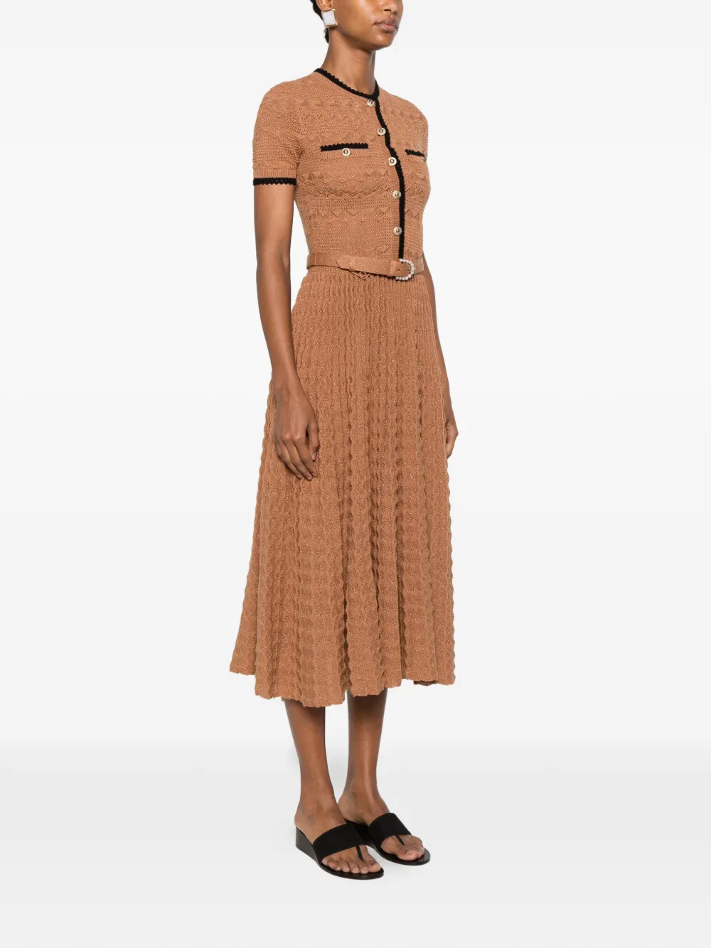 Self-Portrait Gehaakte midi-blousejurk met ceintuur Bruin