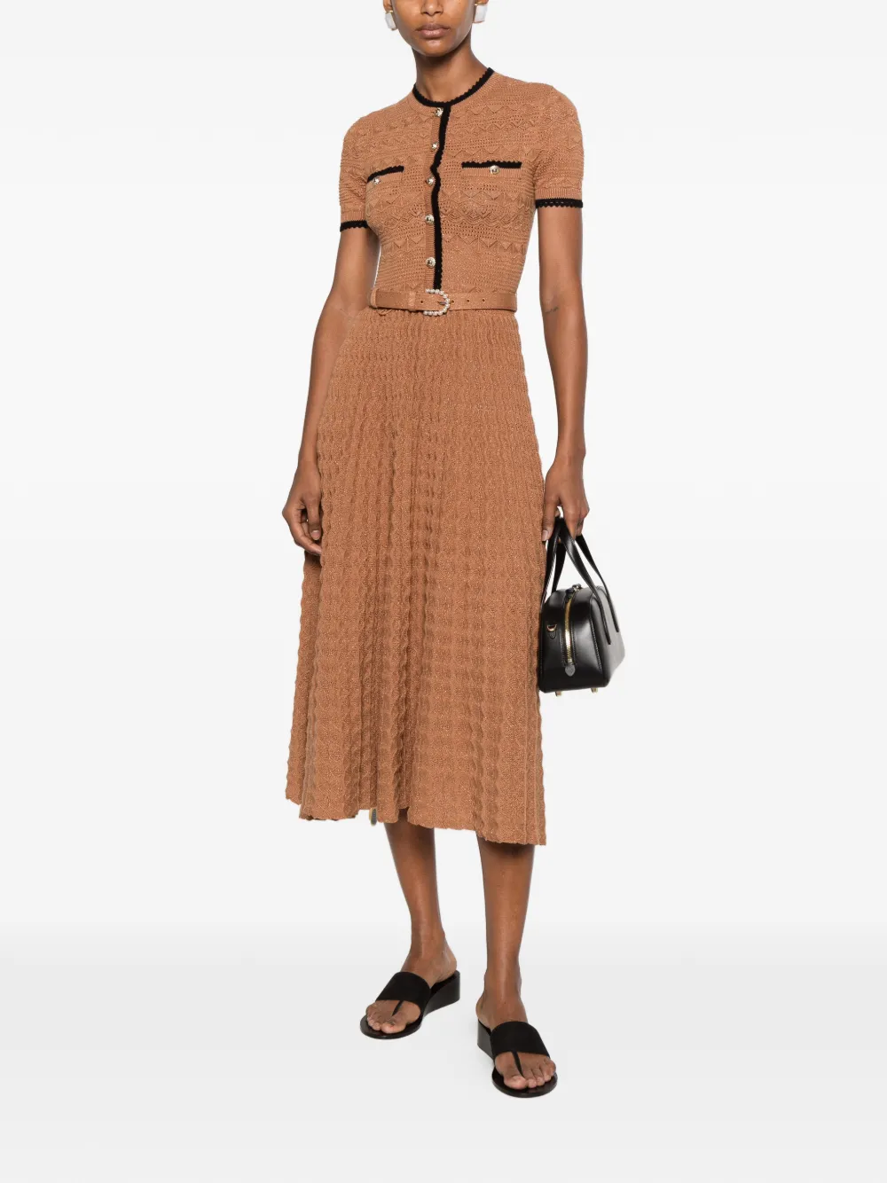 Self-Portrait Gehaakte midi-blousejurk met ceintuur Bruin