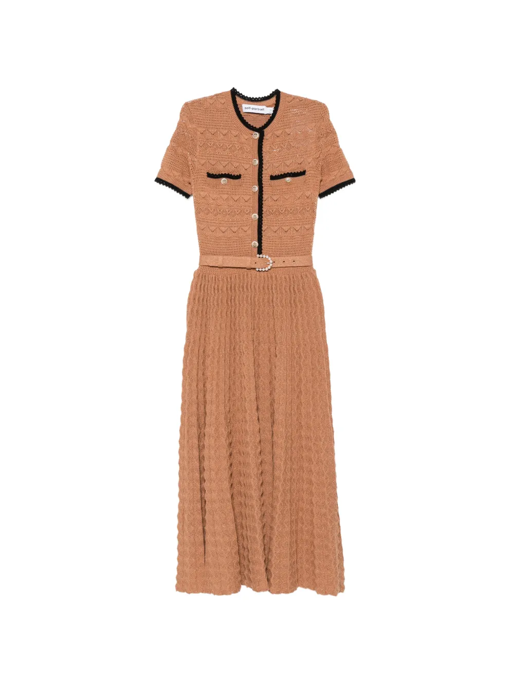 Self-Portrait belted crochet-knit midi dress - Marrone