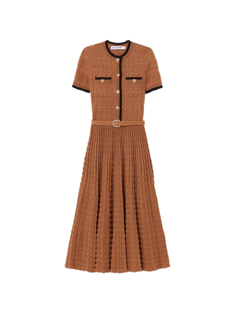 Self-Portrait belted crochet-knit midi dress - Marrone