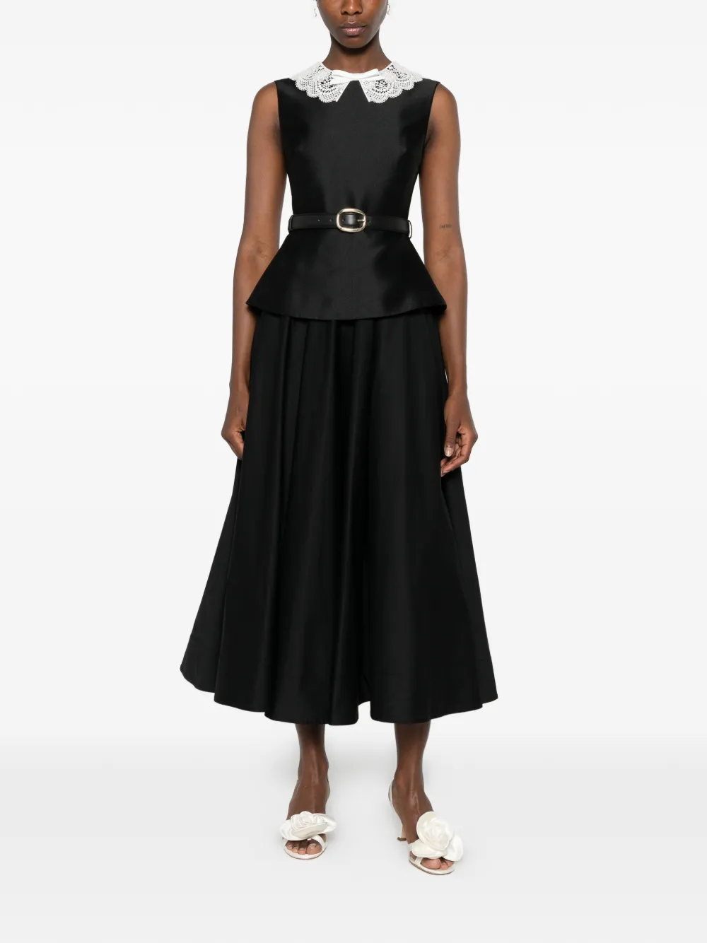 Self-Portrait midi-jurk met kanten kraag en peplum taille Zwart