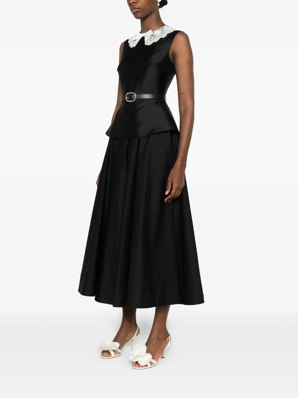 Self-Portrait midi-jurk met kanten kraag en peplum taille Zwart