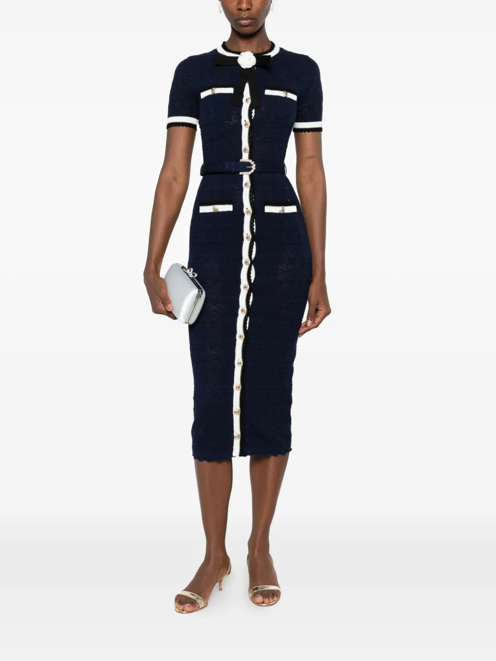 Self-Portrait Pointelle gebreide midi-jurk Blauw