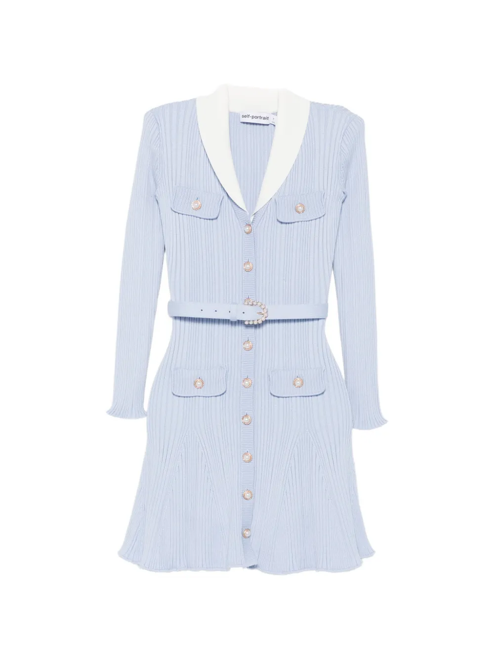 Self-Portrait belted ribbed-knit dress - Blue