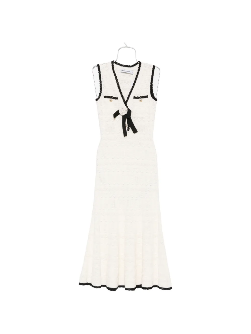 Self-Portrait bow-detail pointelle-knit midi dress - Bianco