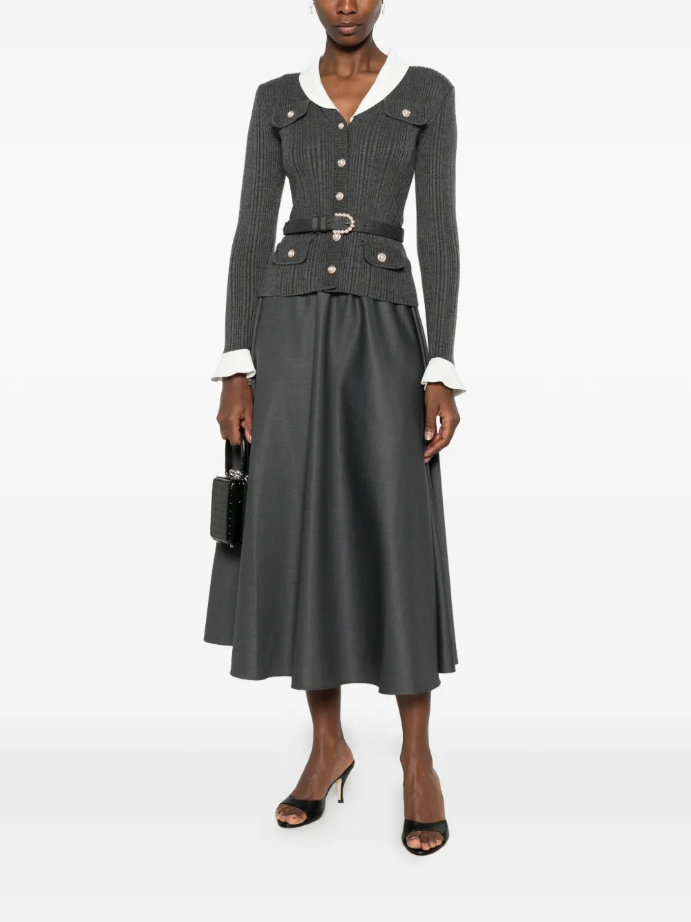 Self-Portrait Ribgebreide midi-jurk met riem Grijs