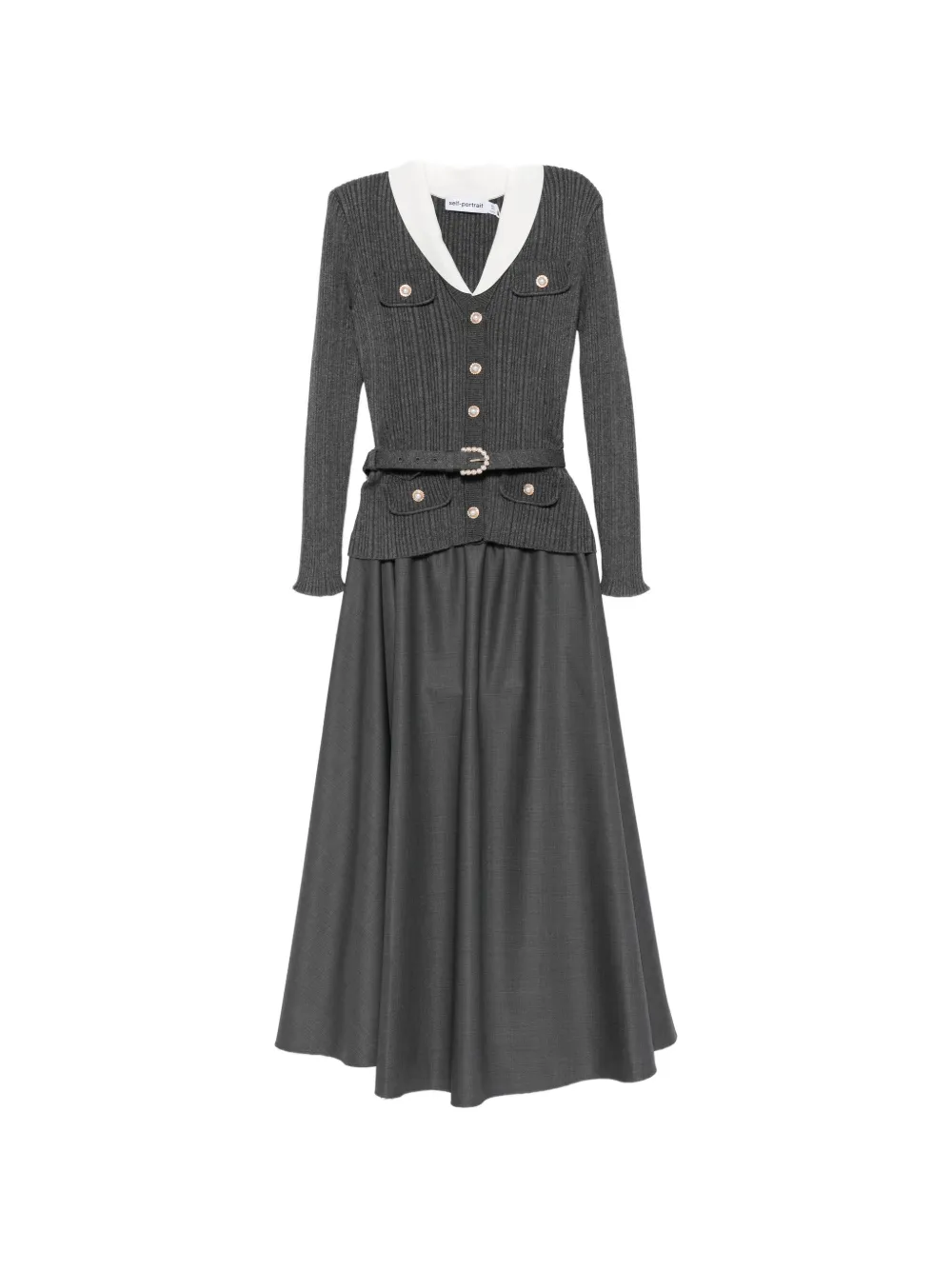Self-Portrait belted ribbed-knit midi dress - Grau