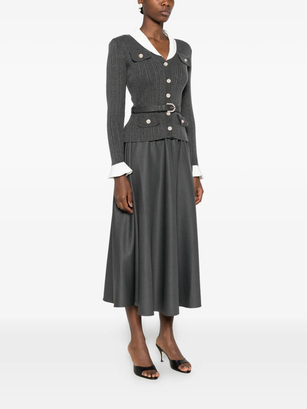 Self-Portrait Ribgebreide midi-jurk met riem Grijs