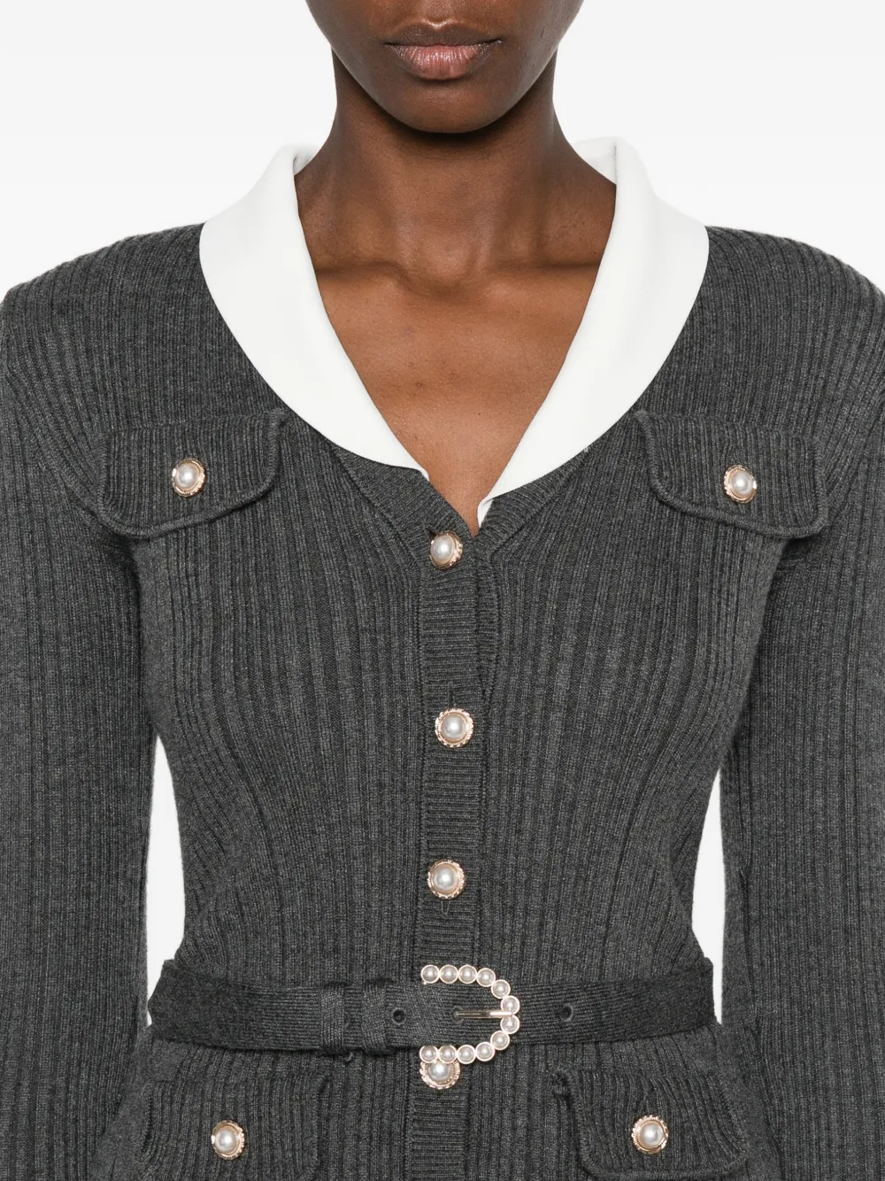 Self-Portrait Ribgebreide midi-jurk met riem Grijs