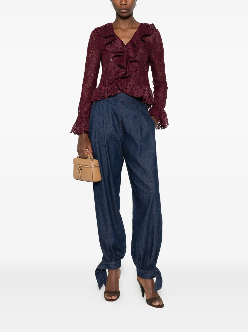 Self-Portrait Top met ruches en kanten laag Rood