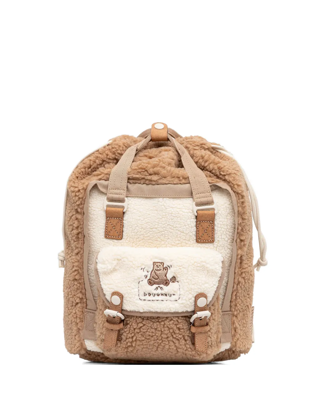 Doughnut fleece-texture bear-embroidered backpack - Braun