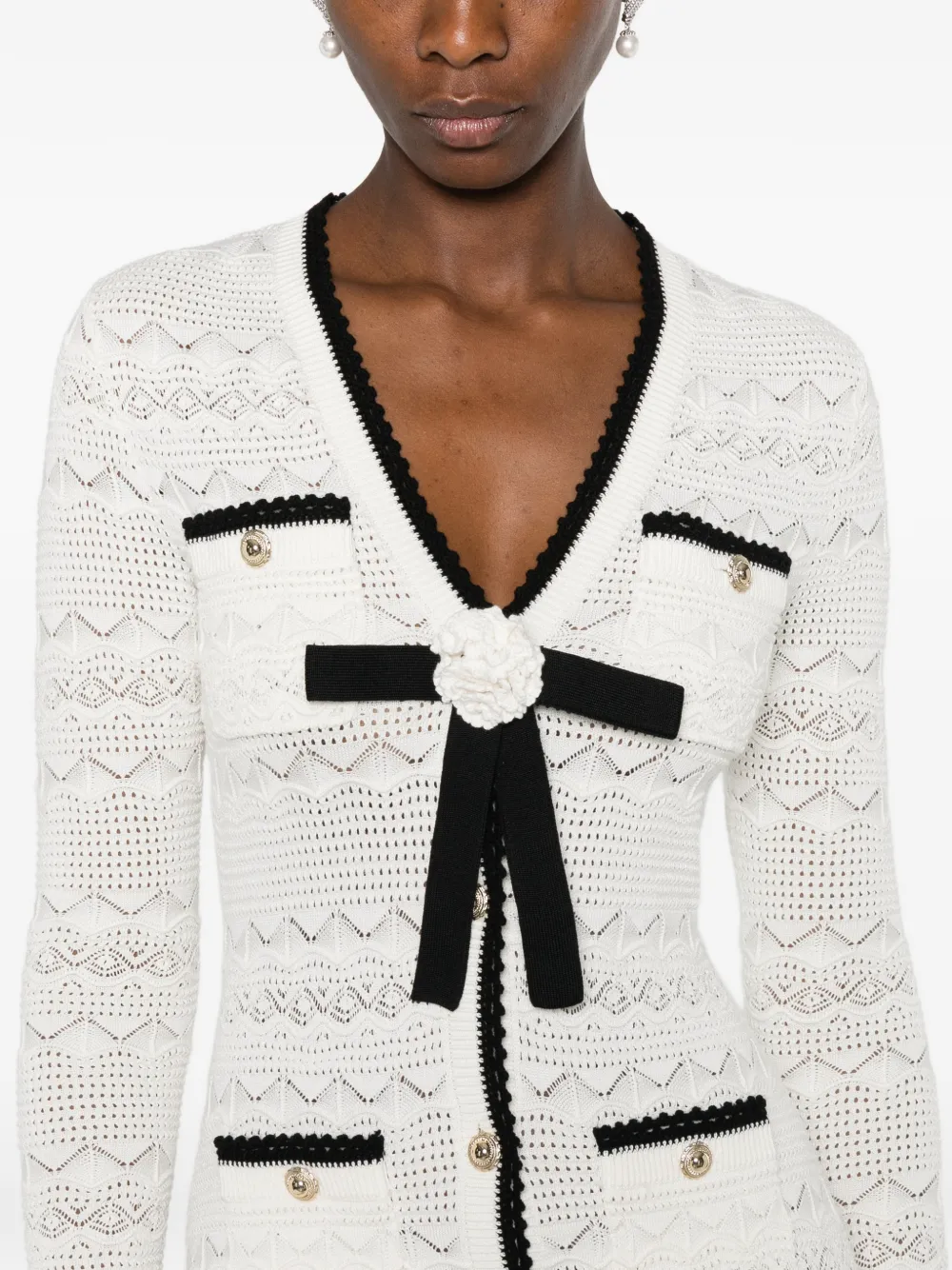 Self-Portrait Gebreide midi-jurk met strikdetail Wit