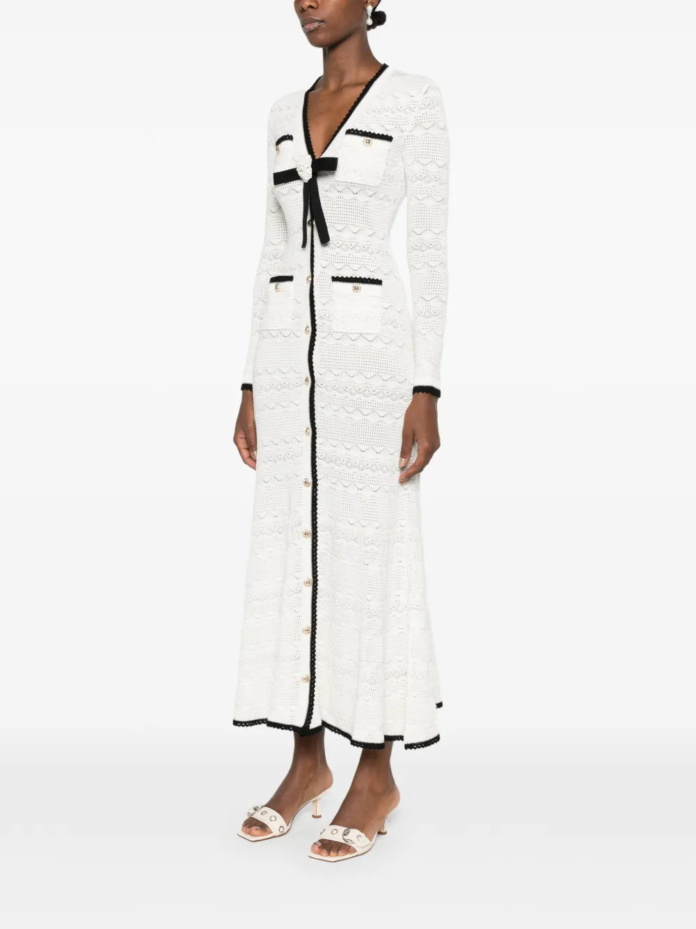 Self-Portrait Gebreide midi-jurk met strikdetail Wit