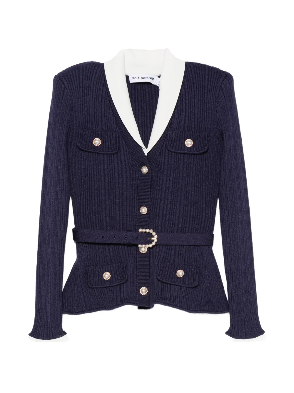 Self-Portrait belted ribbed-knit cardigan - Blu