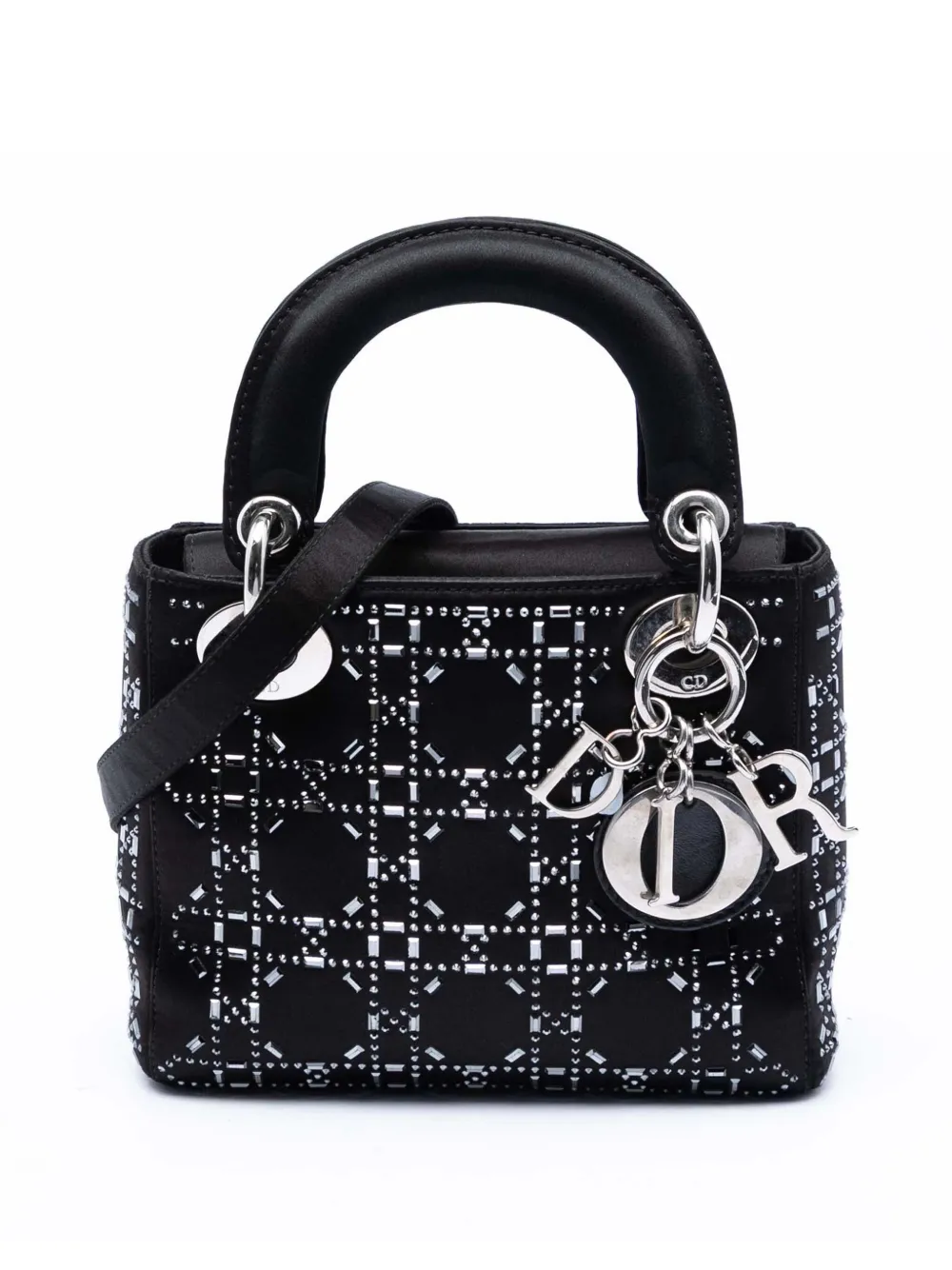 Christian Dior Pre-Owned 2018 Mini Satin Cannage Strass Crystal Embellished Lady Dior satchel - Nero