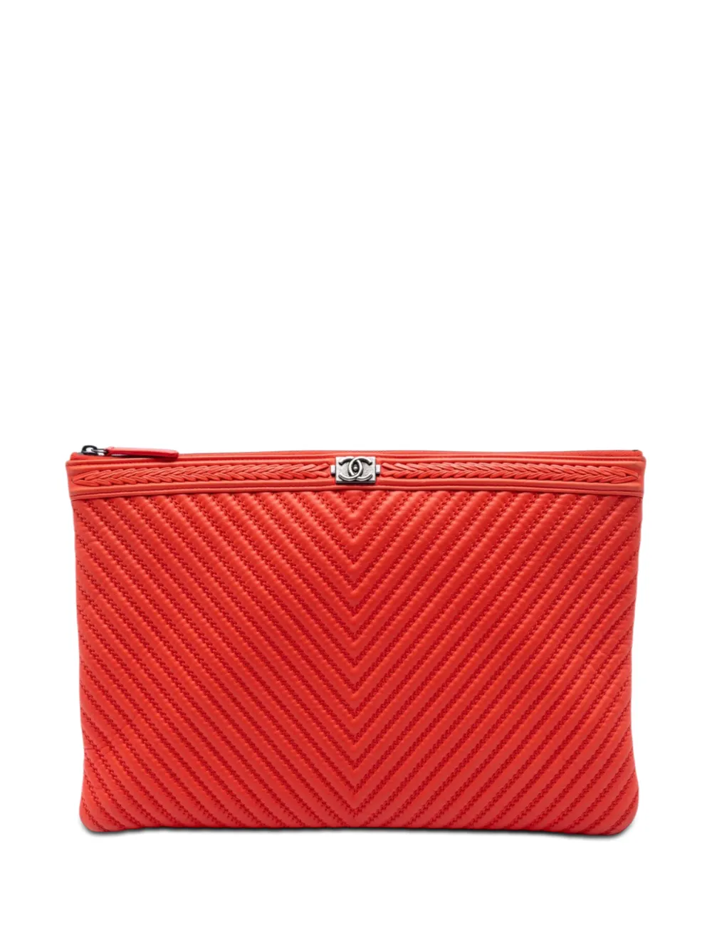 CHANEL Pre-Owned 2016-2017 Large Chevron Lambskin Double Stitch Boy O Case clutch bag - Rosso