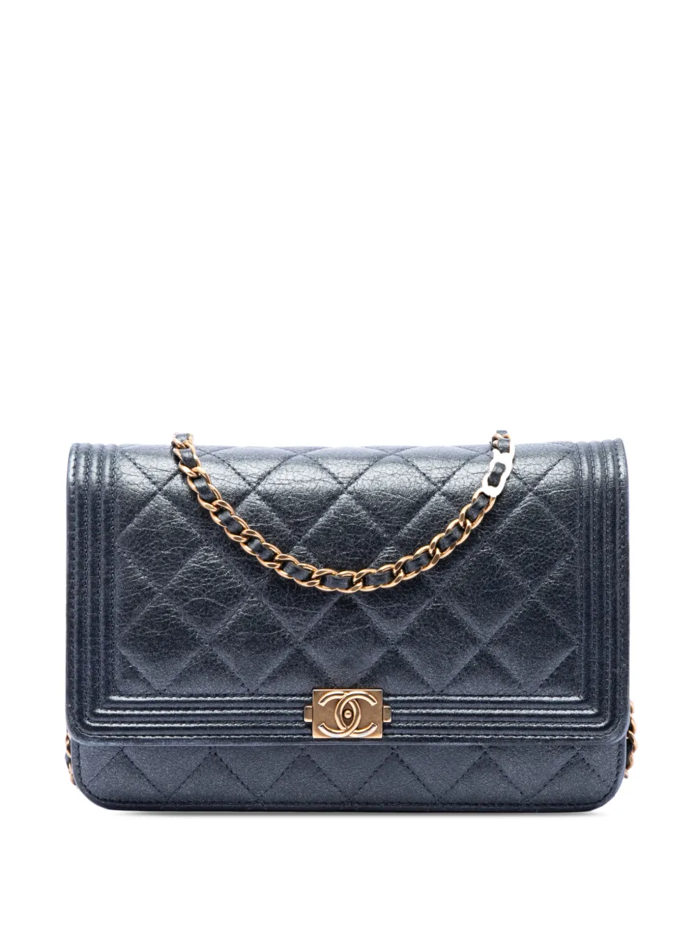CHANEL Pre-Owned 2014-2015 Quilted Metallic Calfskin Boy Wallet on Chain crossbody bag - Nero