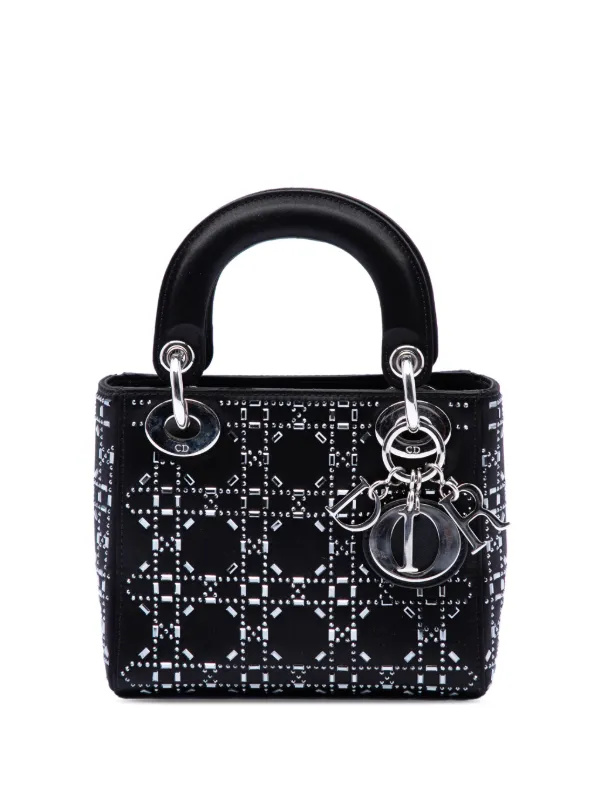 Dior Pre-owned 2018 Mini Velvet Cannage Strass Embellished Lady Dior Satchel in Black