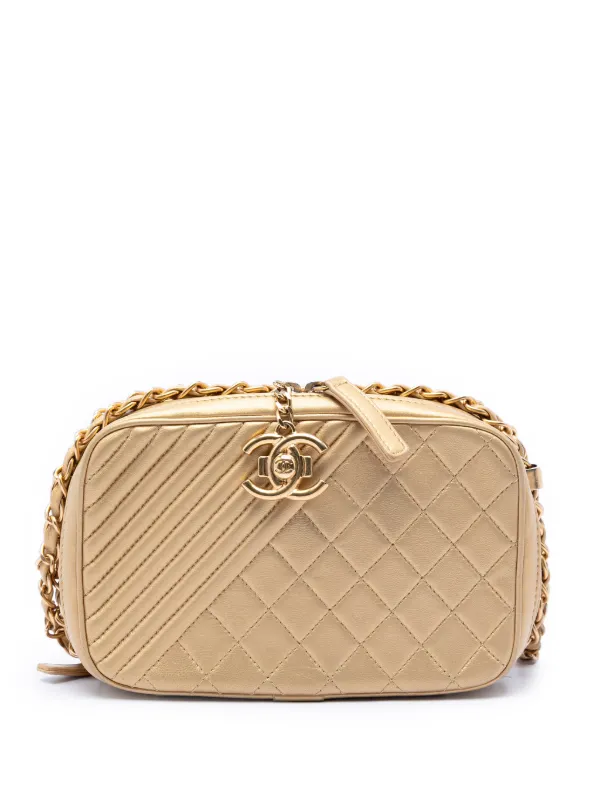 Chanel Pre-owned 2014-2015 Small Quilted Lambskin Coco Boy Camera Bag Crossbody Bag in Gold