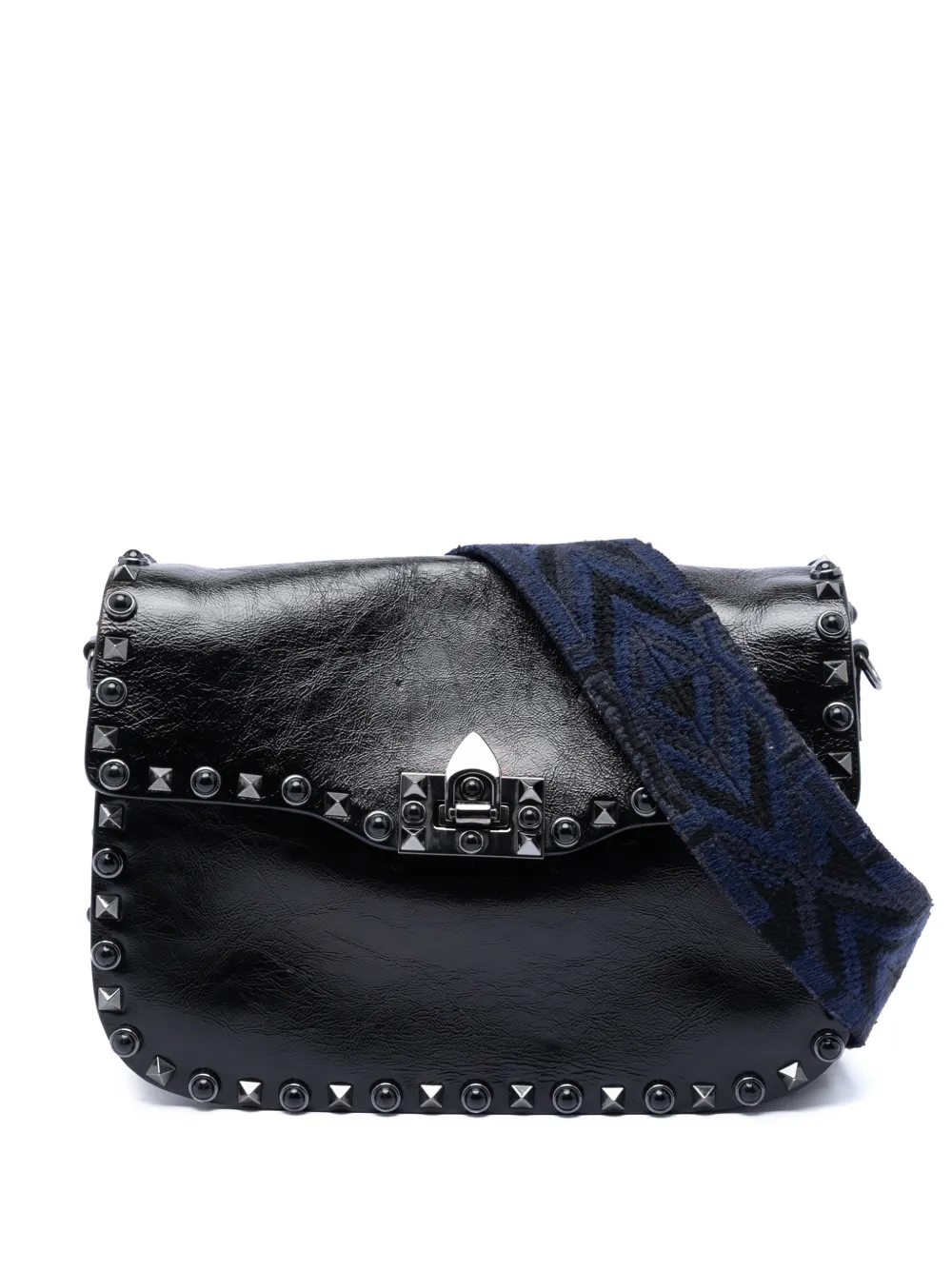 Valentino Garavani Pre-Owned 2010-2026 Medium Craquele Calfskin Guitar Strap Rockstud Rolling Flap crossbody bag - Nero