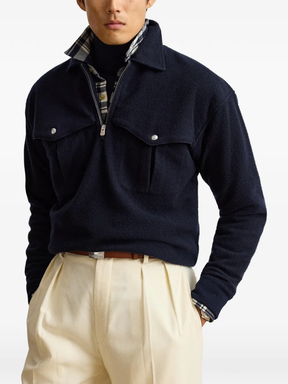 Ralph Lauren Purple Label Trui met dubbele zak en halve rits Blauw