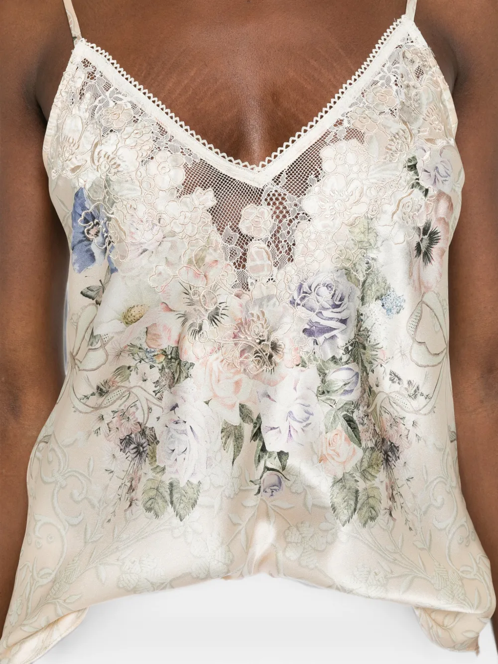 Camilla Tanktop met bloemen-print en kanten afwerking Beige