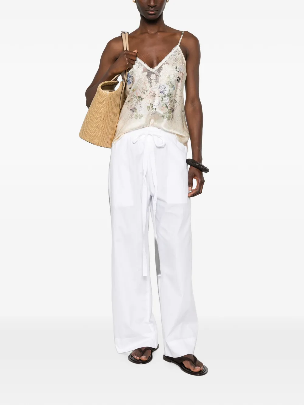 Camilla Tanktop met bloemen-print en kanten afwerking Beige
