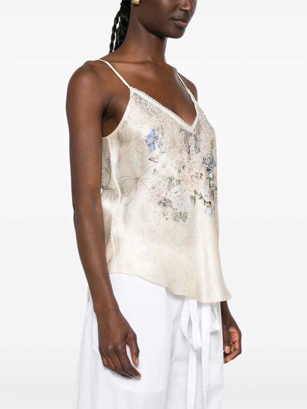 Camilla Tanktop met bloemen-print en kanten afwerking Beige