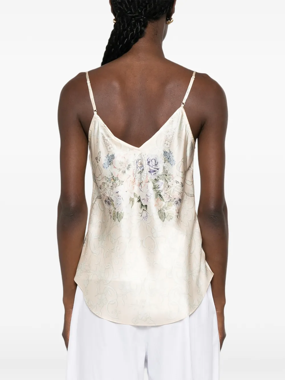 Camilla Tanktop met bloemen-print en kanten afwerking Beige