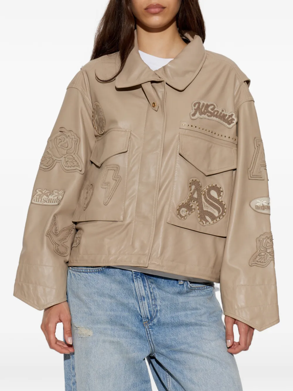 AllSaints Clay leren jack met logopatch Bruin
