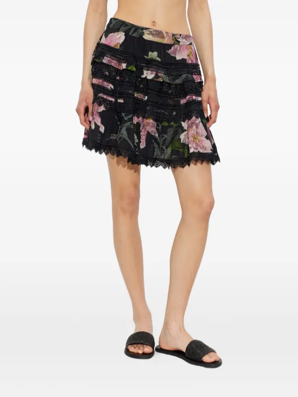 AllSaints Zora floral-print Tiered Mini Skirt | Black | FARFETCH