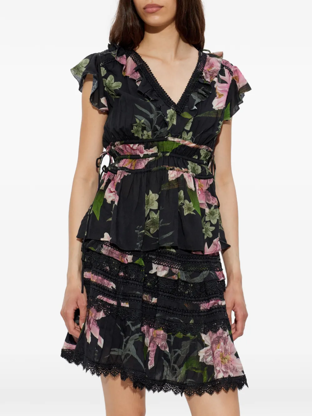 AllSaints Canto top met bloemenprint en ruches Zwart