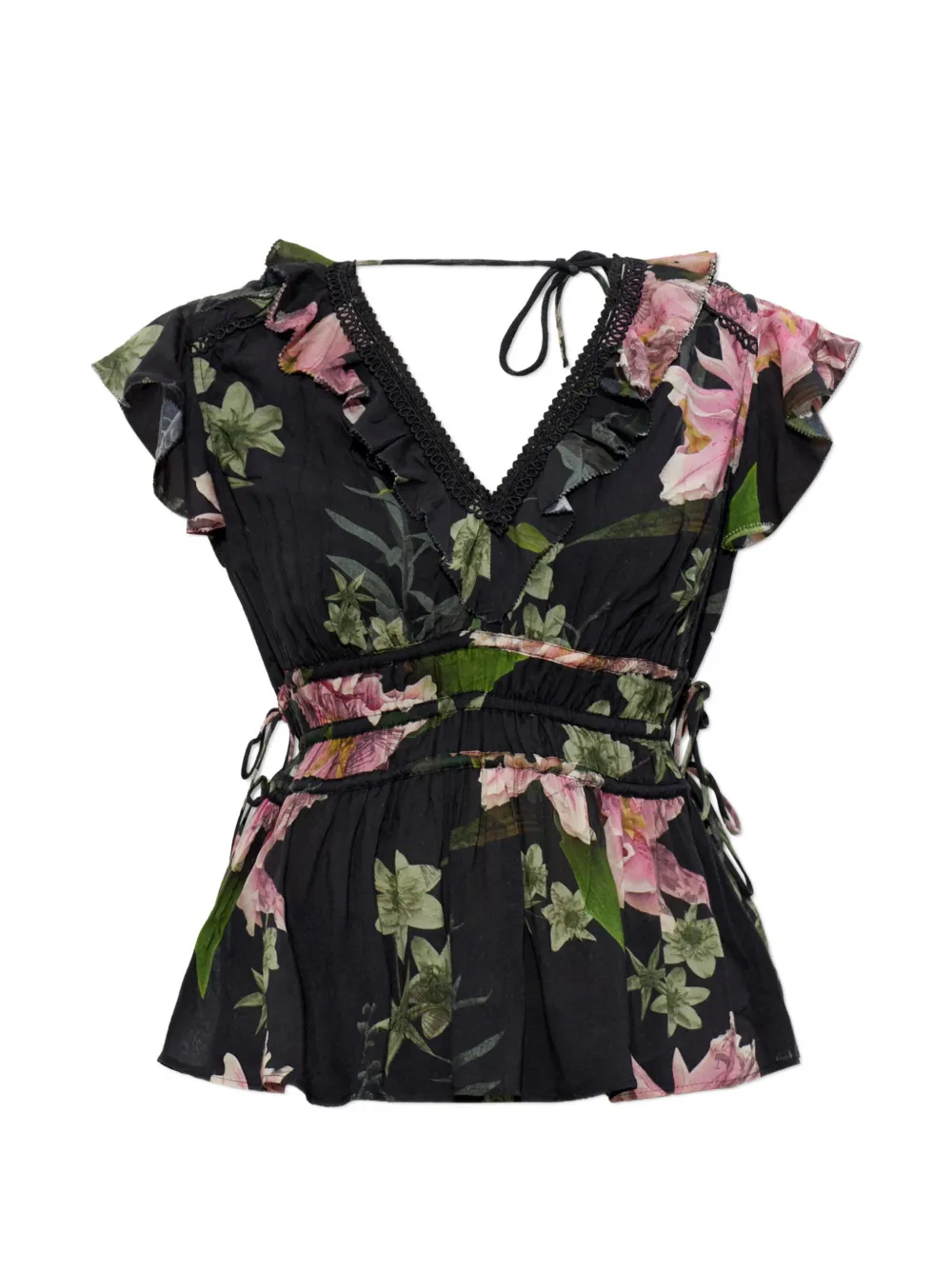 AllSaints Top a fiori Canto con ruches - Nero
