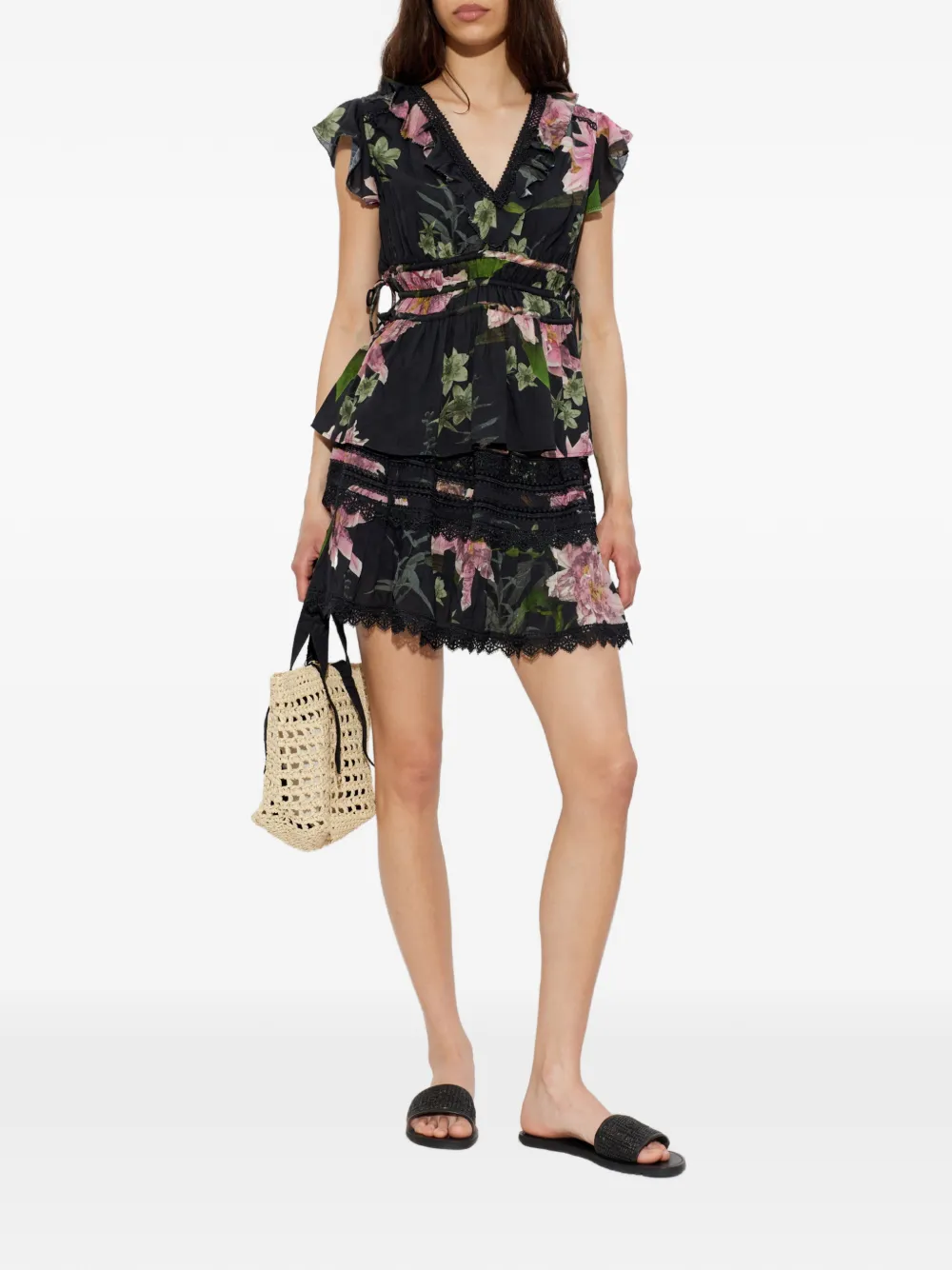 AllSaints Canto top met bloemenprint en ruches Zwart
