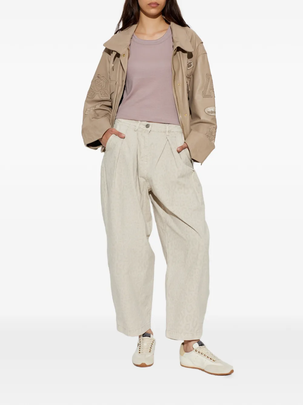 AllSaints Becca geplooide jeans met luipaardprint Beige