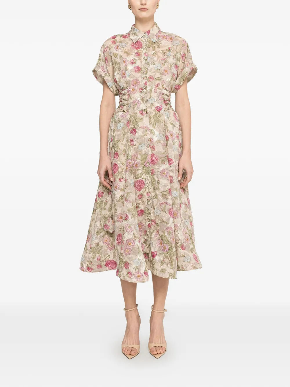 NISSA floral-print lace-up midi dress - Toni neutri