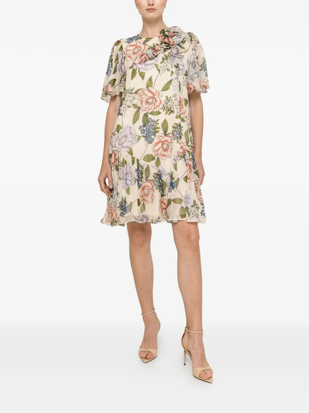 NISSA Mini-jurk met bloemenprint en ruches Beige