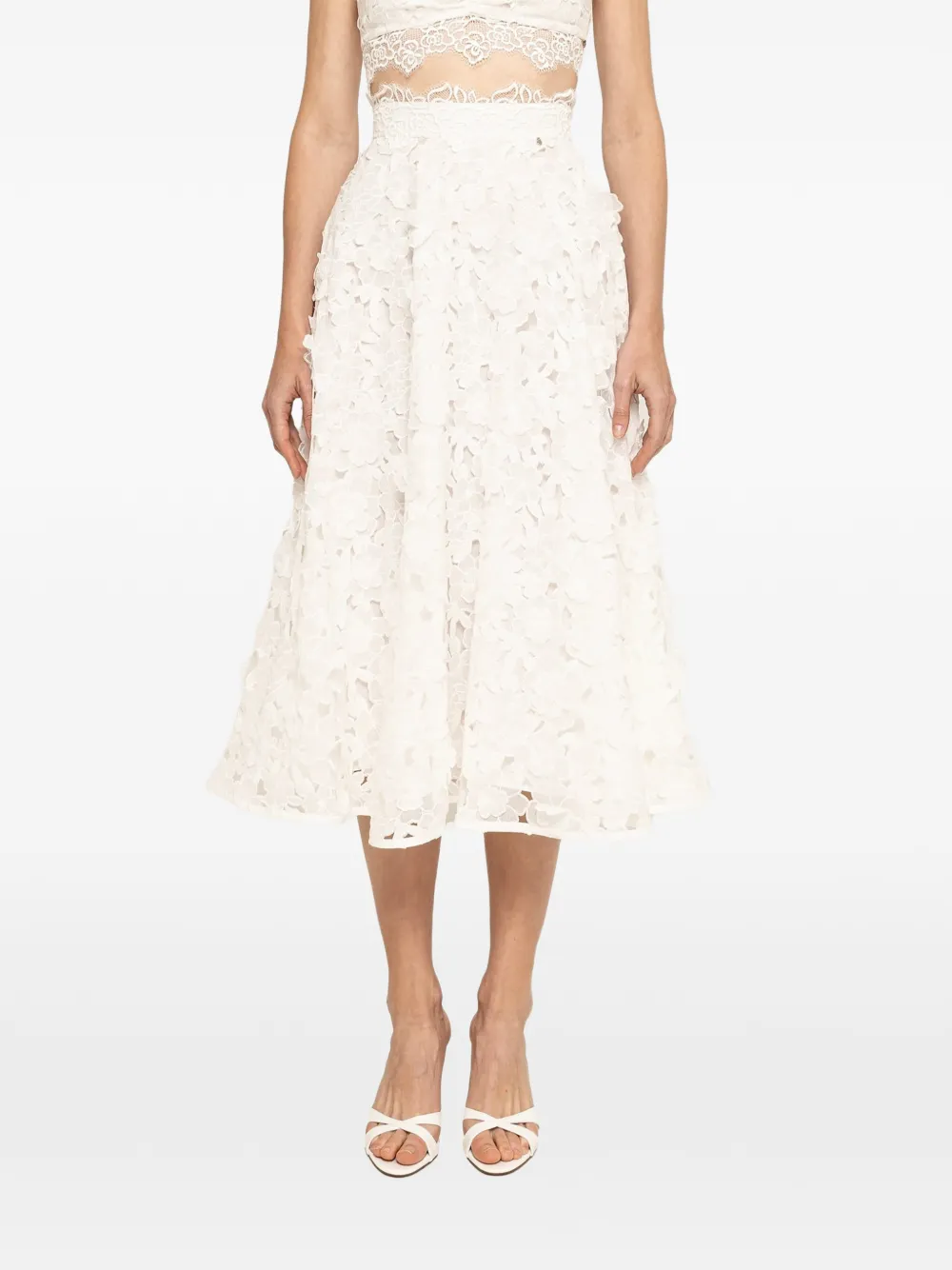 NISSA 3D embroidery cotton midi skirt - Bianco