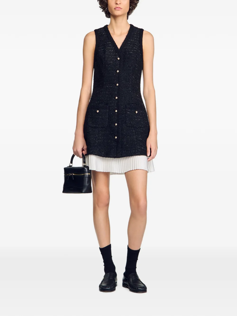 SANDRO Mini-jurk met geplooide zoom en tweed-effect Zwart